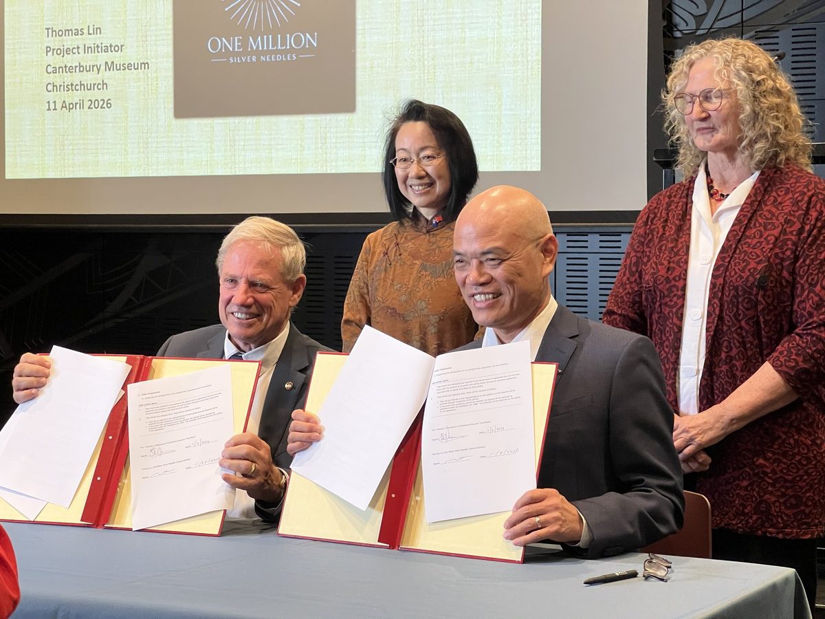 Signing of the One Million Silver Needles donation agreement at Canterbury Museum, 11 April 2026